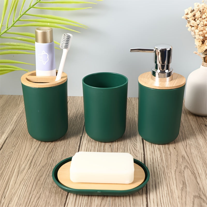 Conjunto de accesorios de baño de 4 piezas, dispensador de jabón de plástico de 350 ml con tapa de bambú, sin BPA, independiente, no necesita electricidad.
