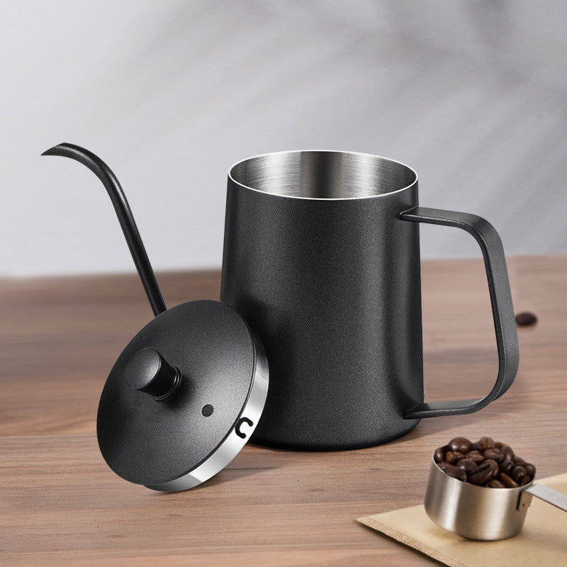 Tetera de café de pico de ganso negro de acero inoxidable para vertido de café con recubrimiento de Teflón y tapa - Tetera de goteo para barista en casa