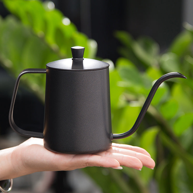 Tetera de café de pico de ganso negro de acero inoxidable para vertido de café con recubrimiento de Teflón y tapa - Tetera de goteo para barista en casa