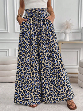 Lune pantalones de mujer de pierna ancha con cintura elastica y estampado de leopardo, atuendo casual para vacaciones o profesores