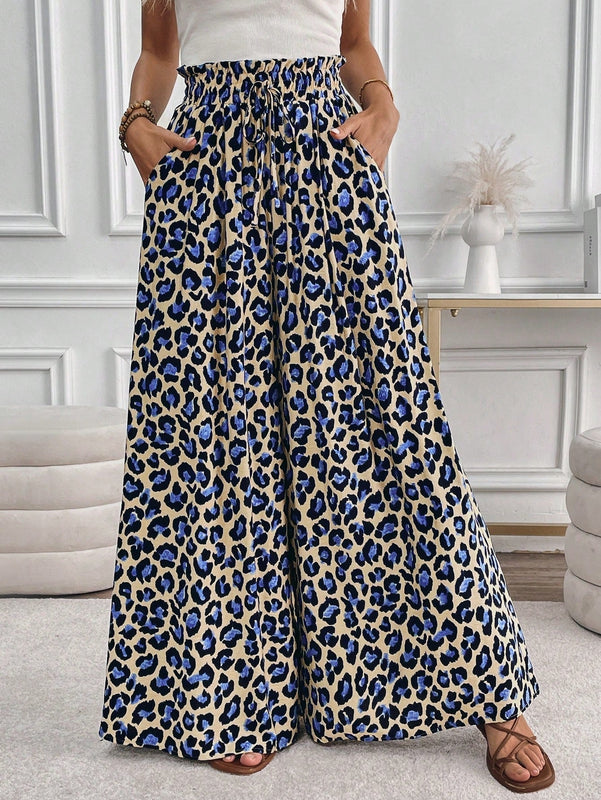 Lune pantalones de mujer de pierna ancha con cintura elastica y estampado de leopardo, atuendo casual para vacaciones o profesores