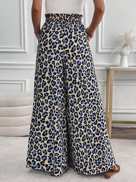 Lune pantalones de mujer de pierna ancha con cintura elastica y estampado de leopardo, atuendo casual para vacaciones o profesores