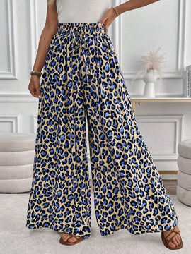 Lune pantalones de mujer de pierna ancha con cintura elastica y estampado de leopardo, atuendo casual para vacaciones o profesores
