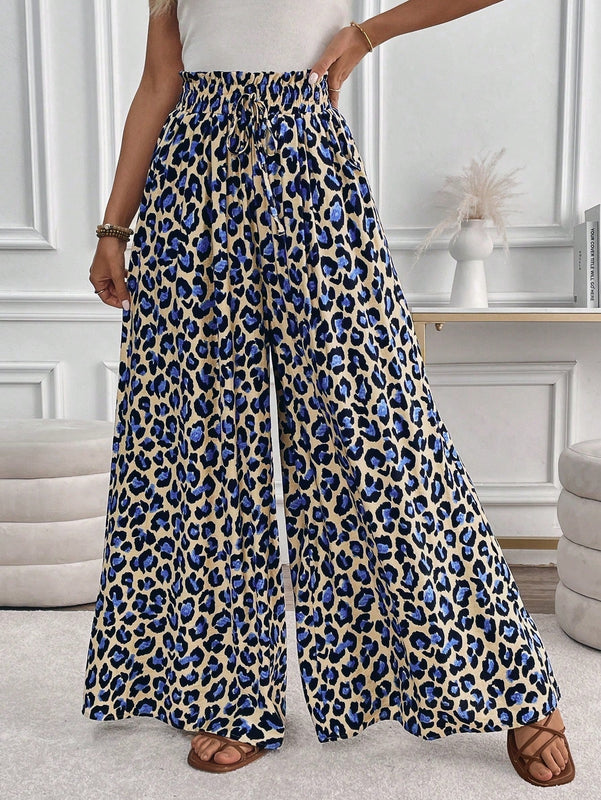 Lune pantalones de mujer de pierna ancha con cintura elastica y estampado de leopardo, atuendo casual para vacaciones o profesores