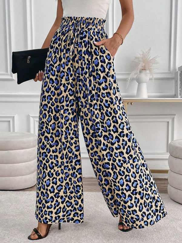 Lune pantalones de mujer de pierna ancha con cintura elastica y estampado de leopardo, atuendo casual para vacaciones o profesores