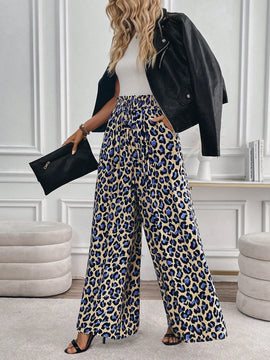 Lune pantalones de mujer de pierna ancha con cintura elastica y estampado de leopardo, atuendo casual para vacaciones o profesores