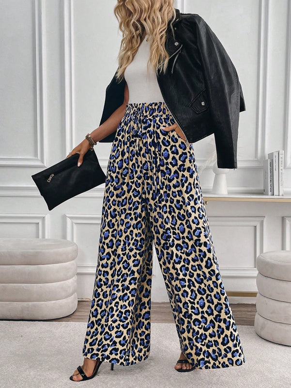 Lune pantalones de mujer de pierna ancha con cintura elastica y estampado de leopardo, atuendo casual para vacaciones o profesores