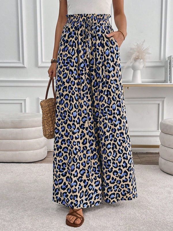 Lune pantalones de mujer de pierna ancha con cintura elastica y estampado de leopardo, atuendo casual para vacaciones o profesores