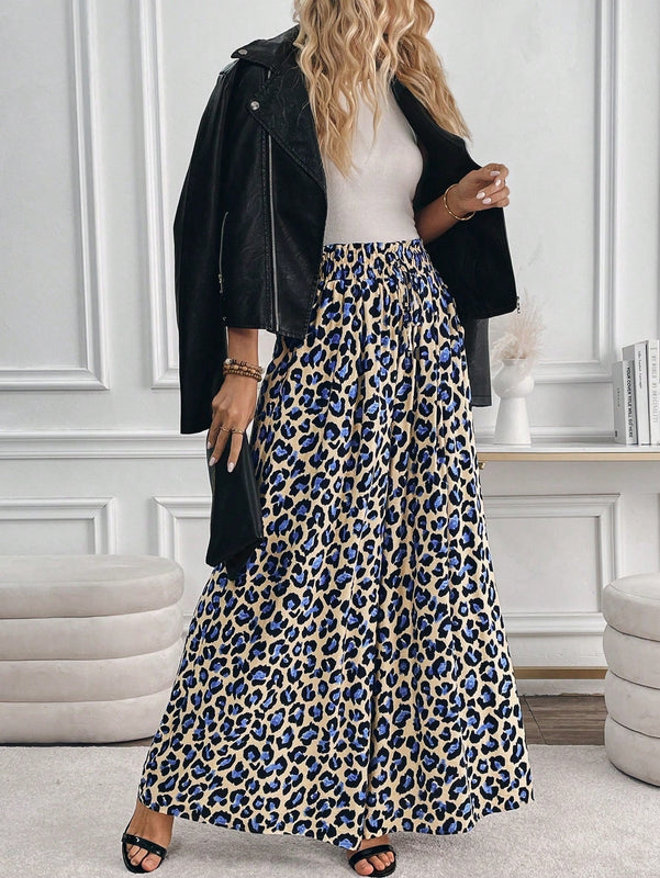 Lune pantalones de mujer de pierna ancha con cintura elastica y estampado de leopardo, atuendo casual para vacaciones o profesores