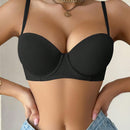 Sujetador negro brillante con tazas sexys para nina, sujetador con aros semi-comodo con aros push-up, tiras de sujetador versatiles para uso diario, sujetador sensorial