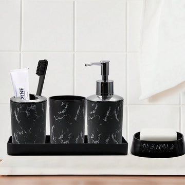 Conjunto de accesorios de baño de 5 piezas de mármol negro - Plástico duradero, soporte para cepillos de dientes, 2 vasos, dispensador de jabón, jabonera con bandeja