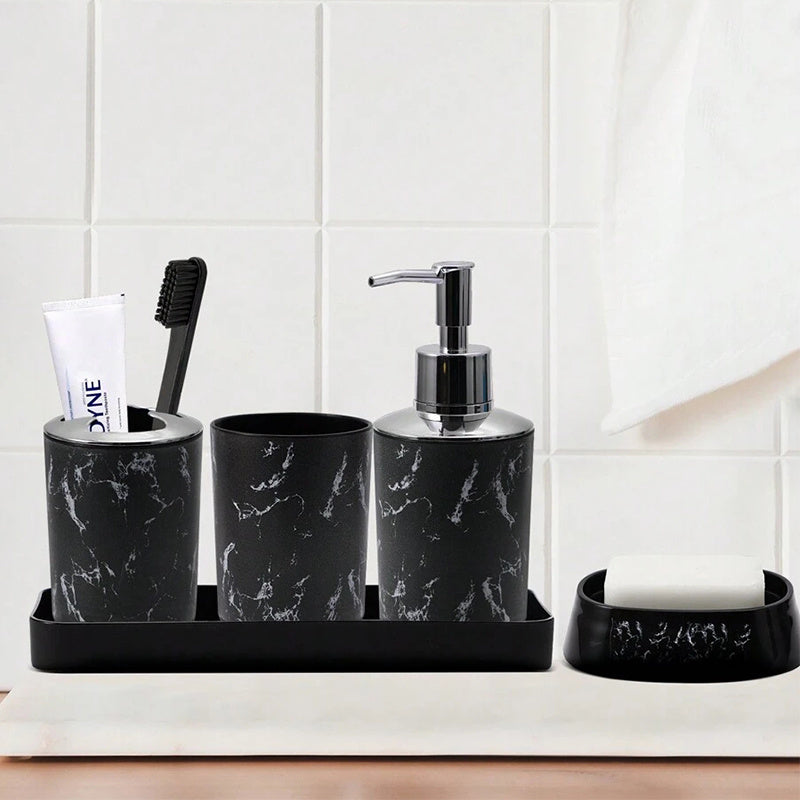 Conjunto de accesorios de baño de 5 piezas de mármol negro - Plástico duradero, soporte para cepillos de dientes, 2 vasos, dispensador de jabón, jabonera con bandeja
