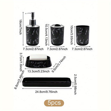 Conjunto de accesorios de baño de 5 piezas de mármol negro - Plástico duradero, soporte para cepillos de dientes, 2 vasos, dispensador de jabón, jabonera con bandeja