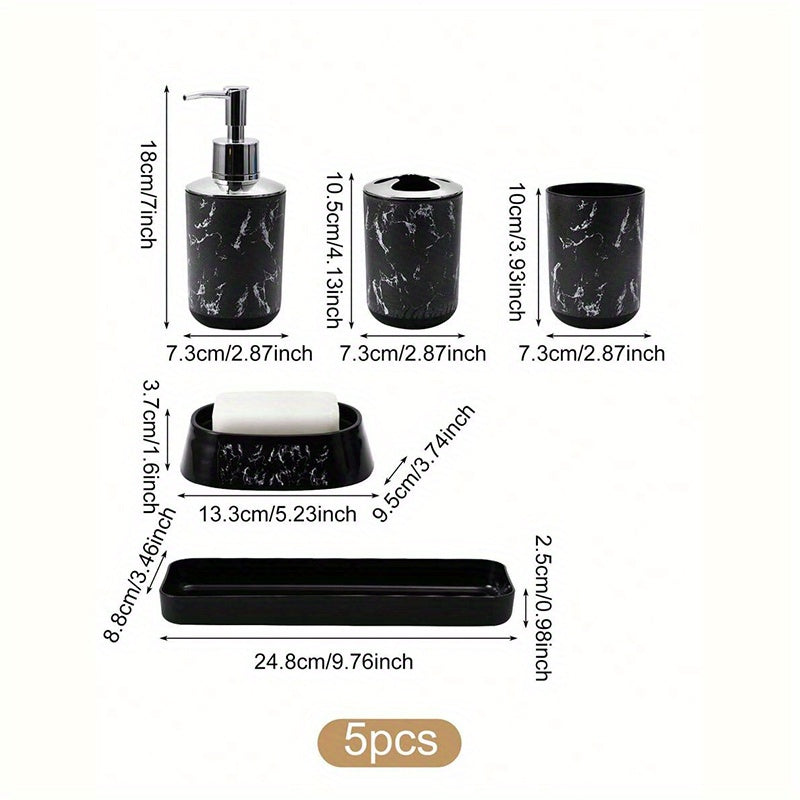 Conjunto de accesorios de baño de 5 piezas de mármol negro - Plástico duradero, soporte para cepillos de dientes, 2 vasos, dispensador de jabón, jabonera con bandeja