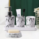 Conjunto de accesorios de baño de 5 piezas de mármol negro - Plástico duradero, soporte para cepillos de dientes, 2 vasos, dispensador de jabón, jabonera con bandeja