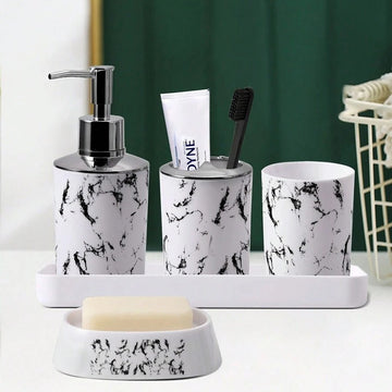 Conjunto de accesorios de baño de 5 piezas de mármol negro - Plástico duradero, soporte para cepillos de dientes, 2 vasos, dispensador de jabón, jabonera con bandeja