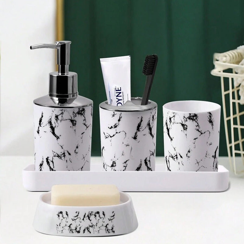 Conjunto de accesorios de baño de 5 piezas de mármol negro - Plástico duradero, soporte para cepillos de dientes, 2 vasos, dispensador de jabón, jabonera con bandeja