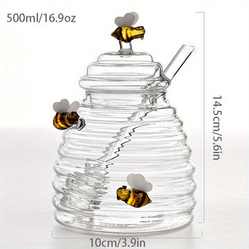 Tarro dispensador de miel de vidrio de 500ml/16.9oz con cucharón - Decoraciones de abeja bumble, Empaquetado inquebrantable, Vidrio resistente al calor, Esencial de cocina