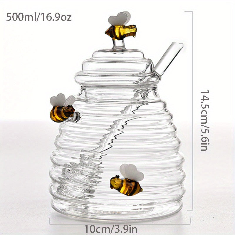Tarro dispensador de miel de vidrio de 500ml/16.9oz con cucharón - Decoraciones de abeja bumble, Empaquetado inquebrantable, Vidrio resistente al calor, Esencial de cocina