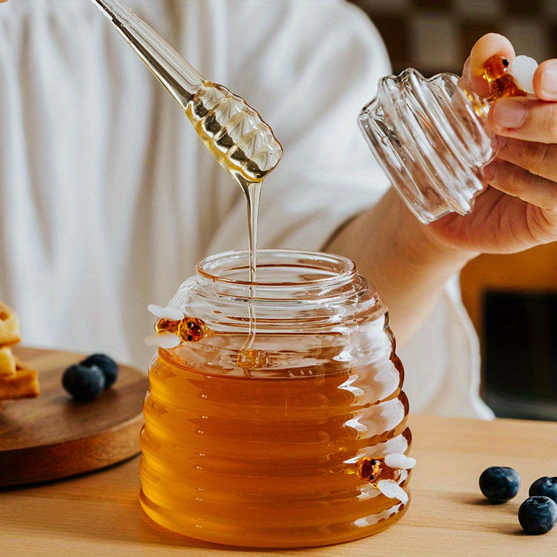 Tarro dispensador de miel de vidrio de 500ml/16.9oz con cucharón - Decoraciones de abeja bumble, Empaquetado inquebrantable, Vidrio resistente al calor, Esencial de cocina