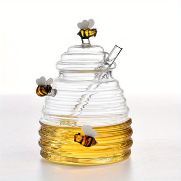 Tarro dispensador de miel de vidrio de 500ml/16.9oz con cucharón - Decoraciones de abeja bumble, Empaquetado inquebrantable, Vidrio resistente al calor, Esencial de cocina