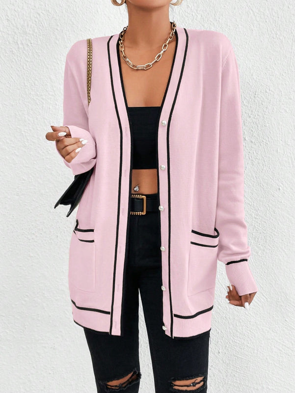 Essnce cardigan casual de bolsillo de mujer con manga larga de un solo botonadura a rayas, otono/invierno