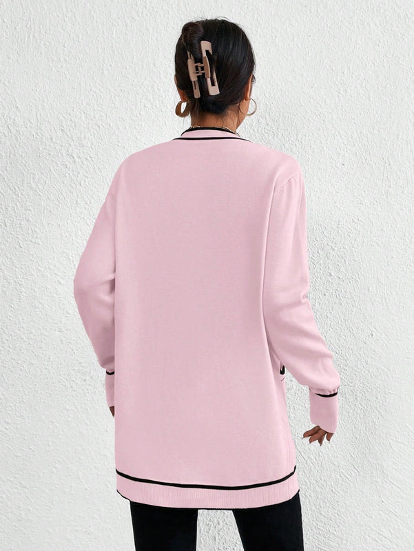 Essnce cardigan casual de bolsillo de mujer con manga larga de un solo botonadura a rayas, otono/invierno