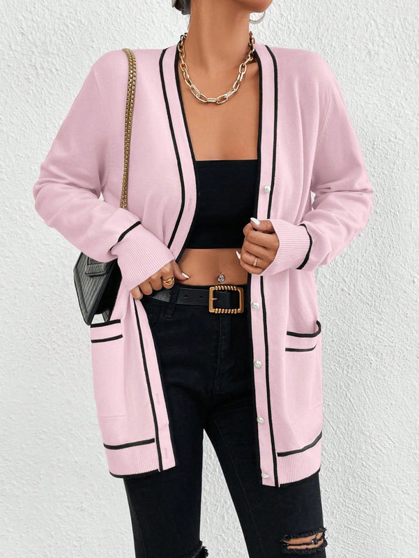 Essnce cardigan casual de bolsillo de mujer con manga larga de un solo botonadura a rayas, otono/invierno