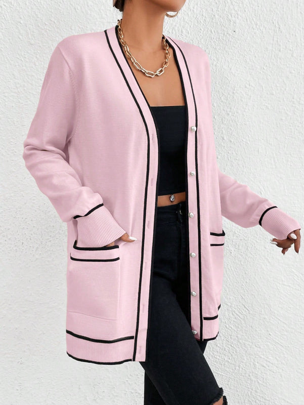 Essnce cardigan casual de bolsillo de mujer con manga larga de un solo botonadura a rayas, otono/invierno