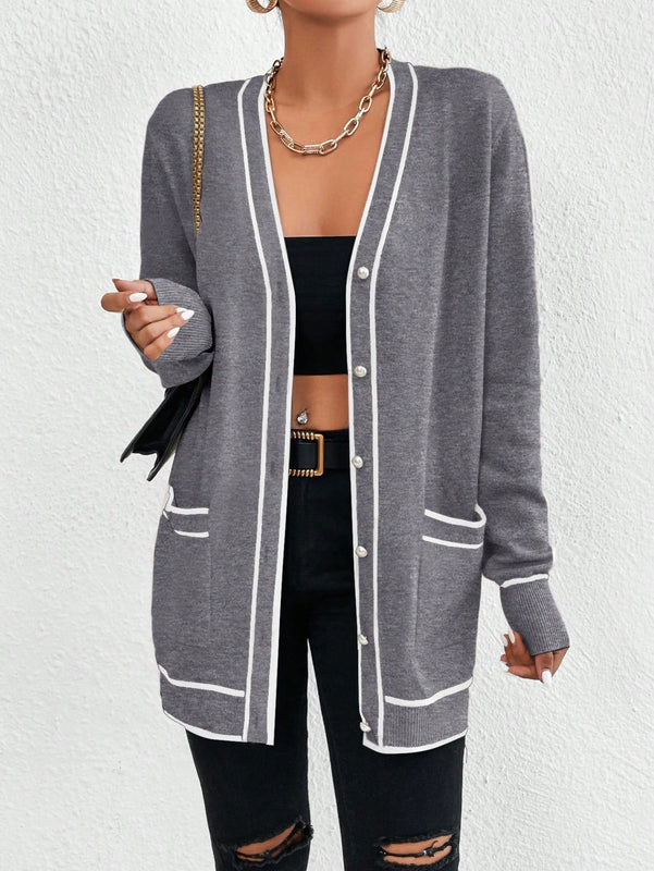 Essnce cardigan casual de bolsillo de mujer con manga larga de un solo botonadura a rayas, otono/invierno