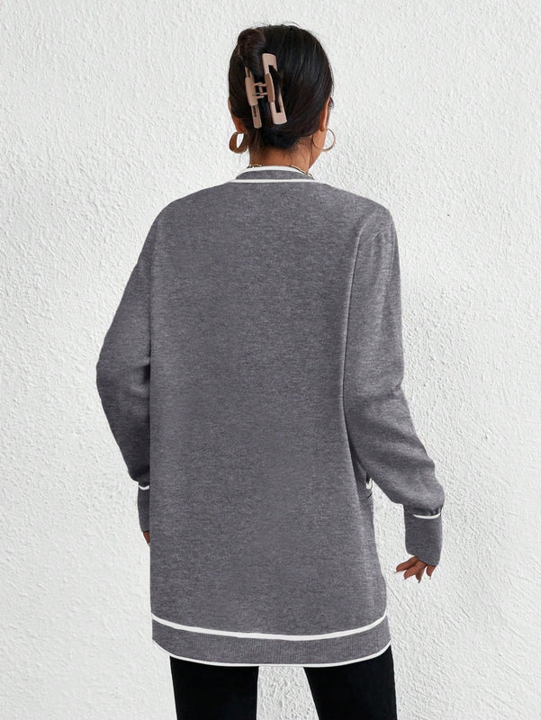 Essnce cardigan casual de bolsillo de mujer con manga larga de un solo botonadura a rayas, otono/invierno