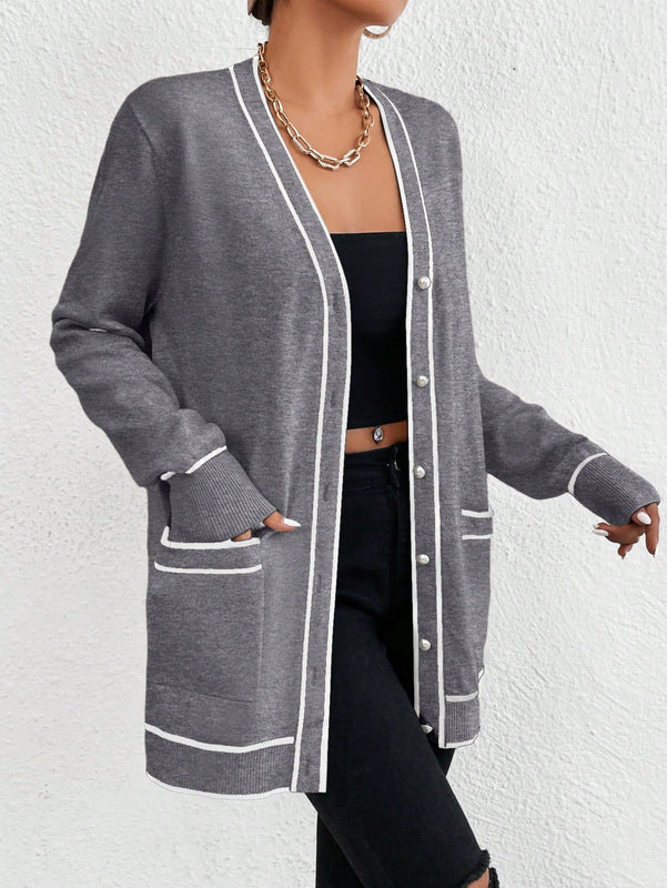 Essnce cardigan casual de bolsillo de mujer con manga larga de un solo botonadura a rayas, otono/invierno