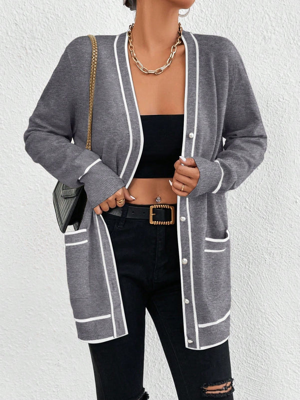 Essnce cardigan casual de bolsillo de mujer con manga larga de un solo botonadura a rayas, otono/invierno