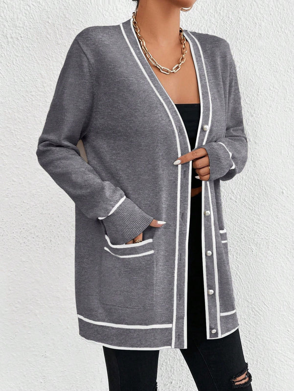 Essnce cardigan casual de bolsillo de mujer con manga larga de un solo botonadura a rayas, otono/invierno