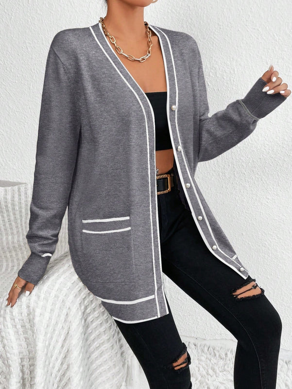 Essnce cardigan casual de bolsillo de mujer con manga larga de un solo botonadura a rayas, otono/invierno