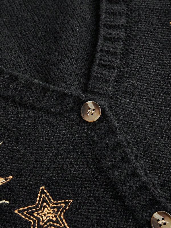 Romwe fairycore sueter tipo cardigan de mujer con bordado de sol y luna en estilo misterioso de bruja para navidad