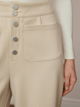 Motf premium pantalones de pernera ancha con bolsillo de parche y cierre de botones de lana