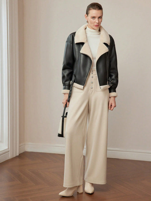 Motf premium pantalones de pernera ancha con bolsillo de parche y cierre de botones de lana