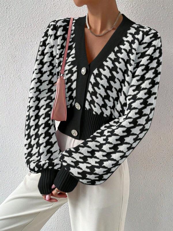 Essnce cardigan casual de mujer con botones y mangas de farol, dobladillo ancho y estampado de pata de gallo
