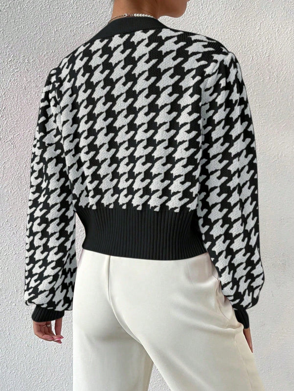 Essnce cardigan casual de mujer con botones y mangas de farol, dobladillo ancho y estampado de pata de gallo