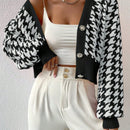 Essnce cardigan casual de mujer con botones y mangas de farol, dobladillo ancho y estampado de pata de gallo