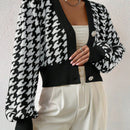 Essnce cardigan casual de mujer con botones y mangas de farol, dobladillo ancho y estampado de pata de gallo