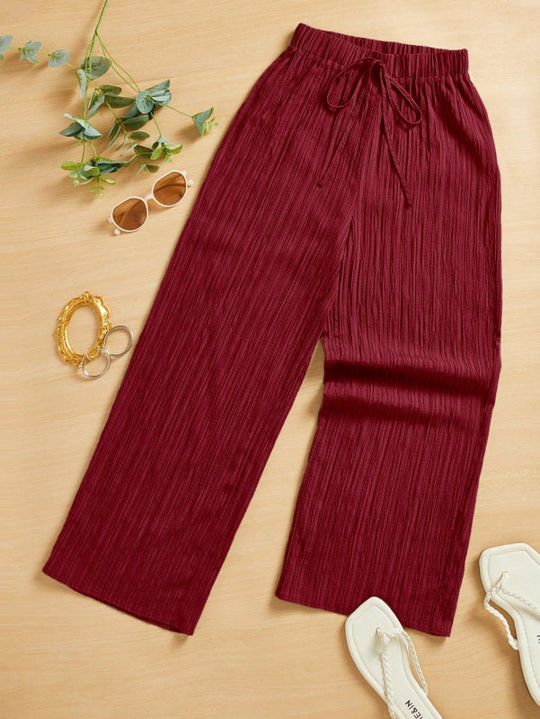 Essnce pantalones casuales de pernera ancha de 7/8 con textura y cintura anudada de unicolor para mujer