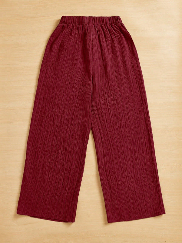 Essnce pantalones casuales de pernera ancha de 7/8 con textura y cintura anudada de unicolor para mujer