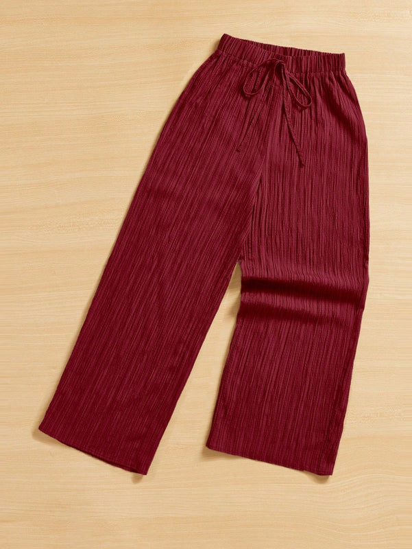Essnce pantalones casuales de pernera ancha de 7/8 con textura y cintura anudada de unicolor para mujer