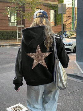 Ezwear sudadera con capucha de felpa con estampado de leopardo y estrella, otono/invierno