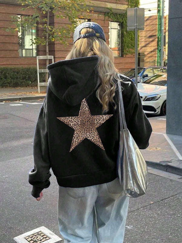 Ezwear sudadera con capucha de felpa con estampado de leopardo y estrella, otono/invierno