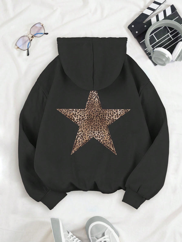 Ezwear sudadera con capucha de felpa con estampado de leopardo y estrella, otono/invierno