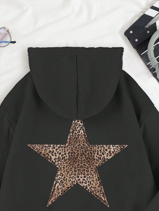 Ezwear sudadera con capucha de felpa con estampado de leopardo y estrella, otono/invierno