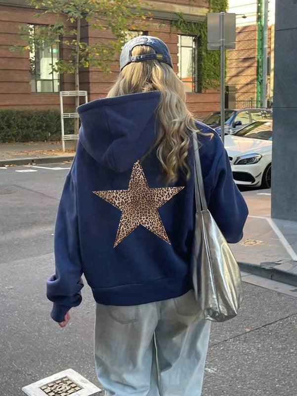 Ezwear sudadera con capucha de felpa con estampado de leopardo y estrella, otono/invierno